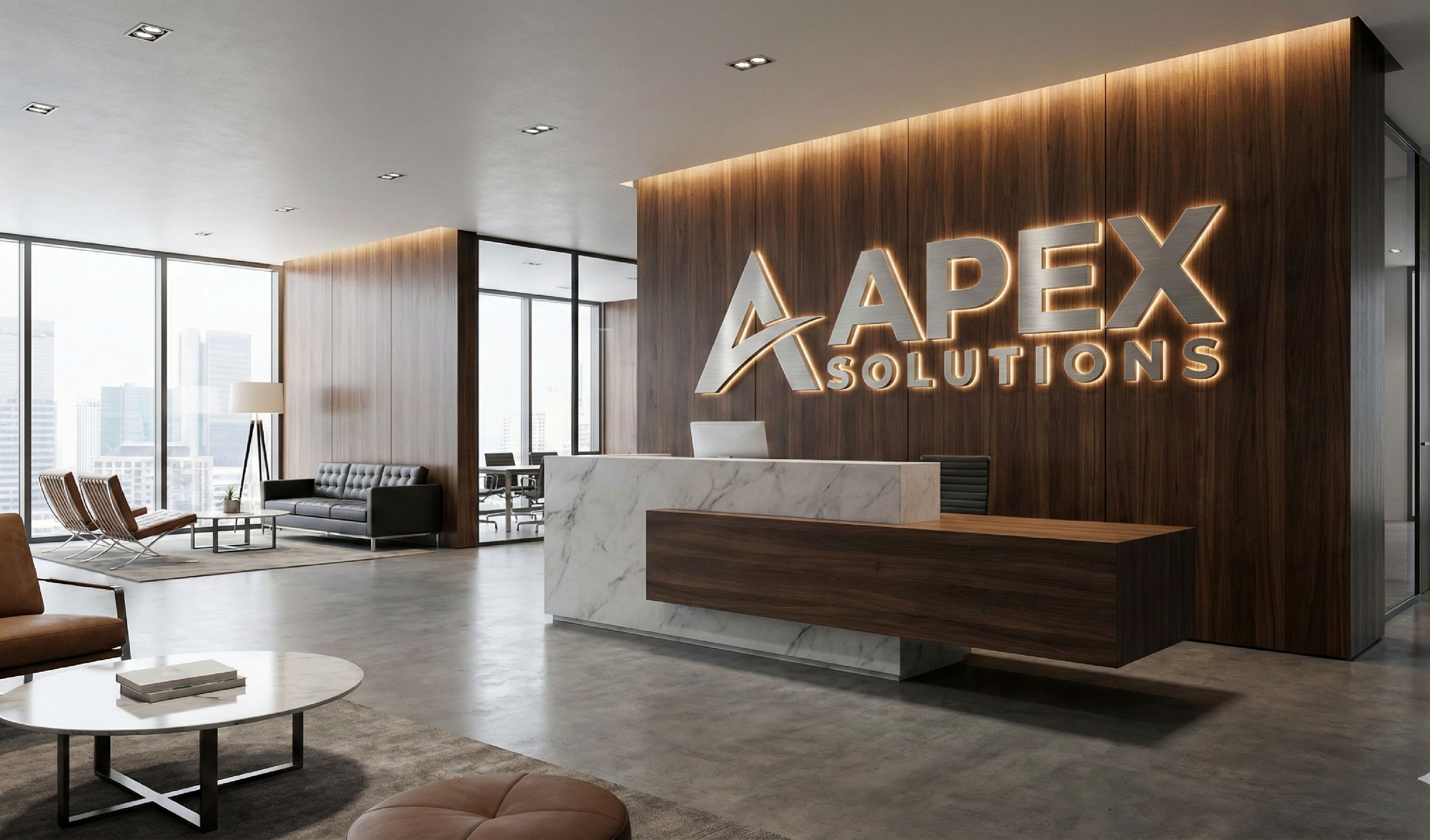 Apex Solutions logotipo corporativo letras recepción oficina Barcelona